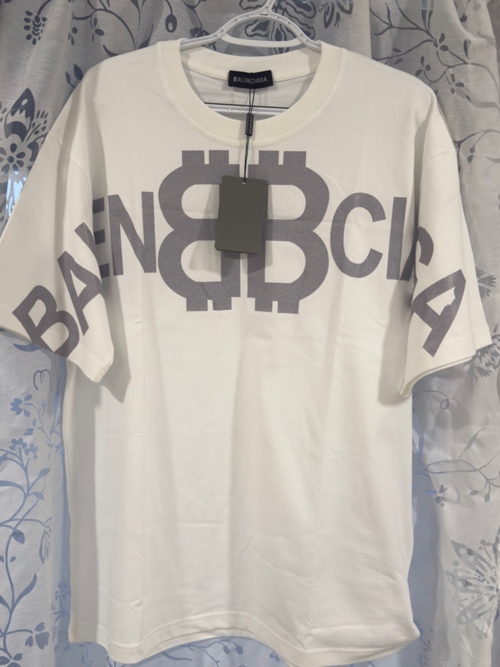 Balenciaga White Short-Sleeve Logo Tee with Gray Graphic